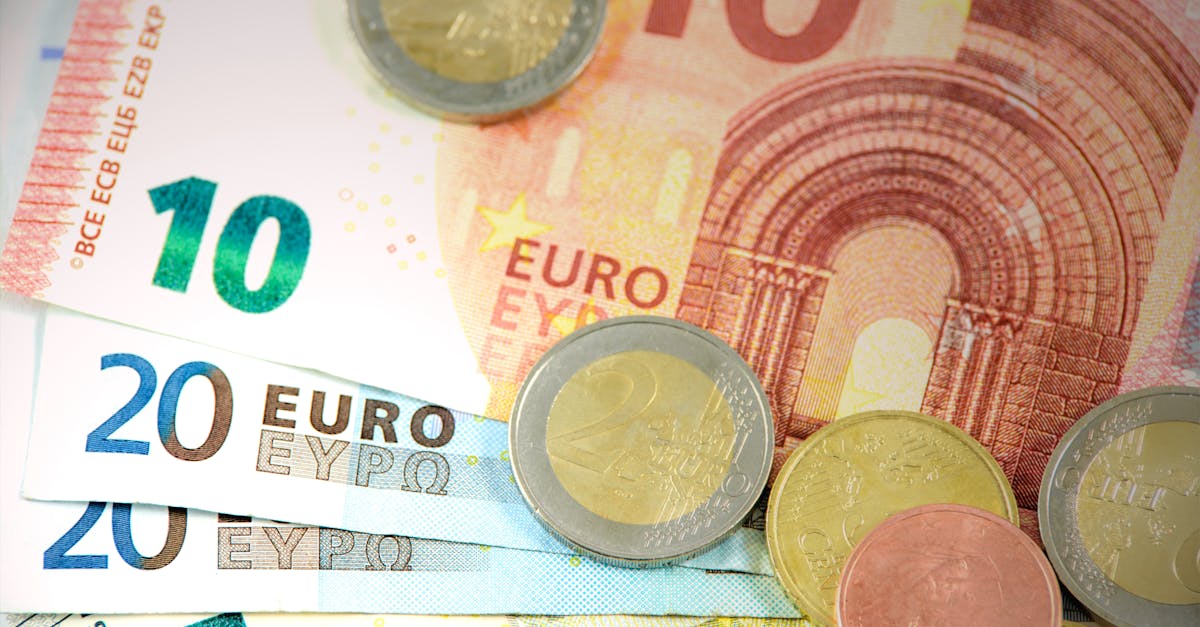 Detailed shot of Euro banknotes and coins showcasing currency denominations.