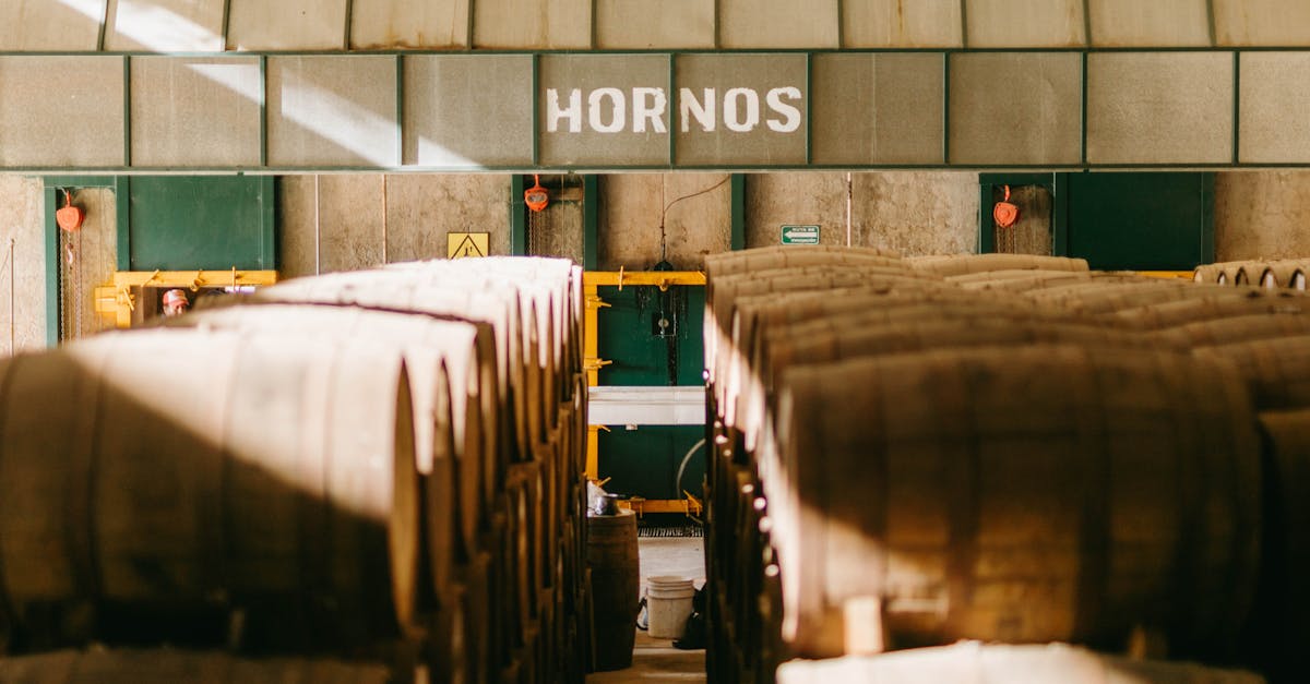 Interior view of a tequila factory in Mexico featuring aging barrels beneath 'Hornos' sign.