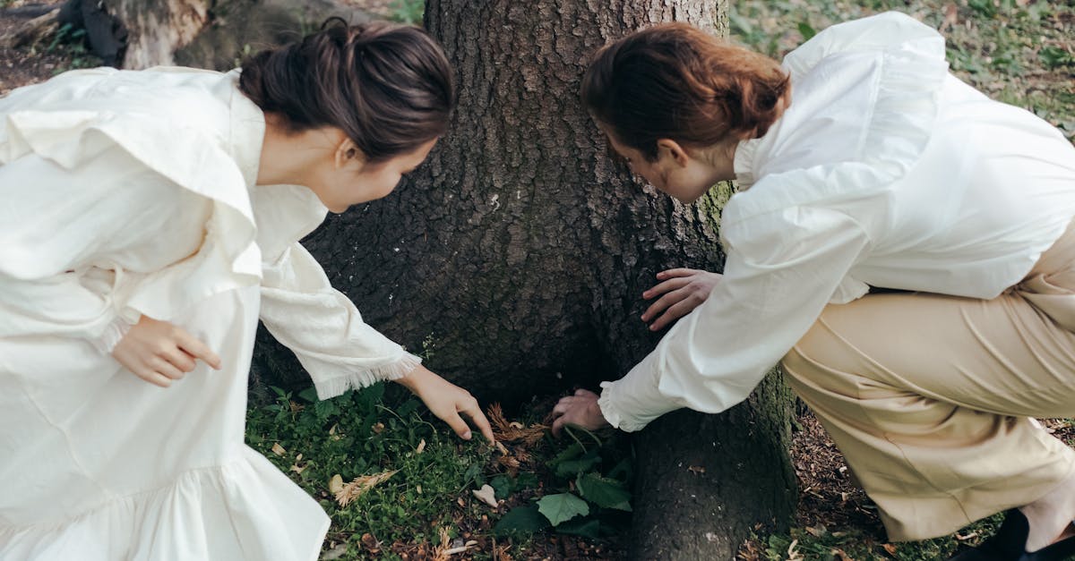 Two women in elegant dresses engaging with nature by a tree trunk, creating a serene outdoor scene.
