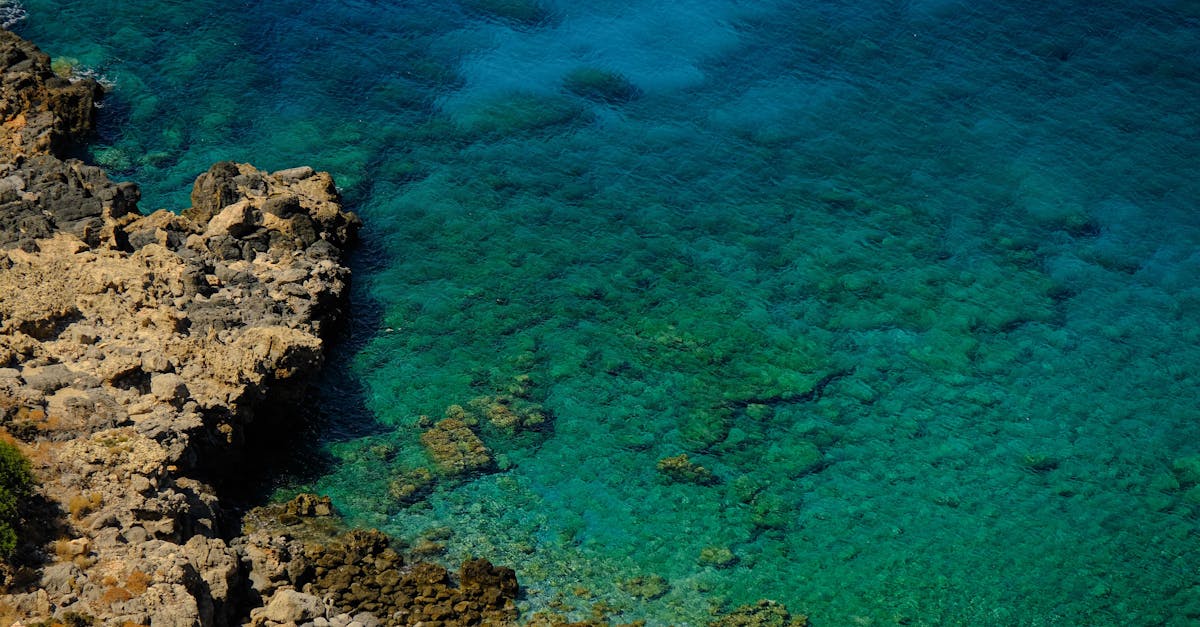 Stunning aerial photograph of a rocky coastline with clear blue water, showcasing vibrant natural beauty.