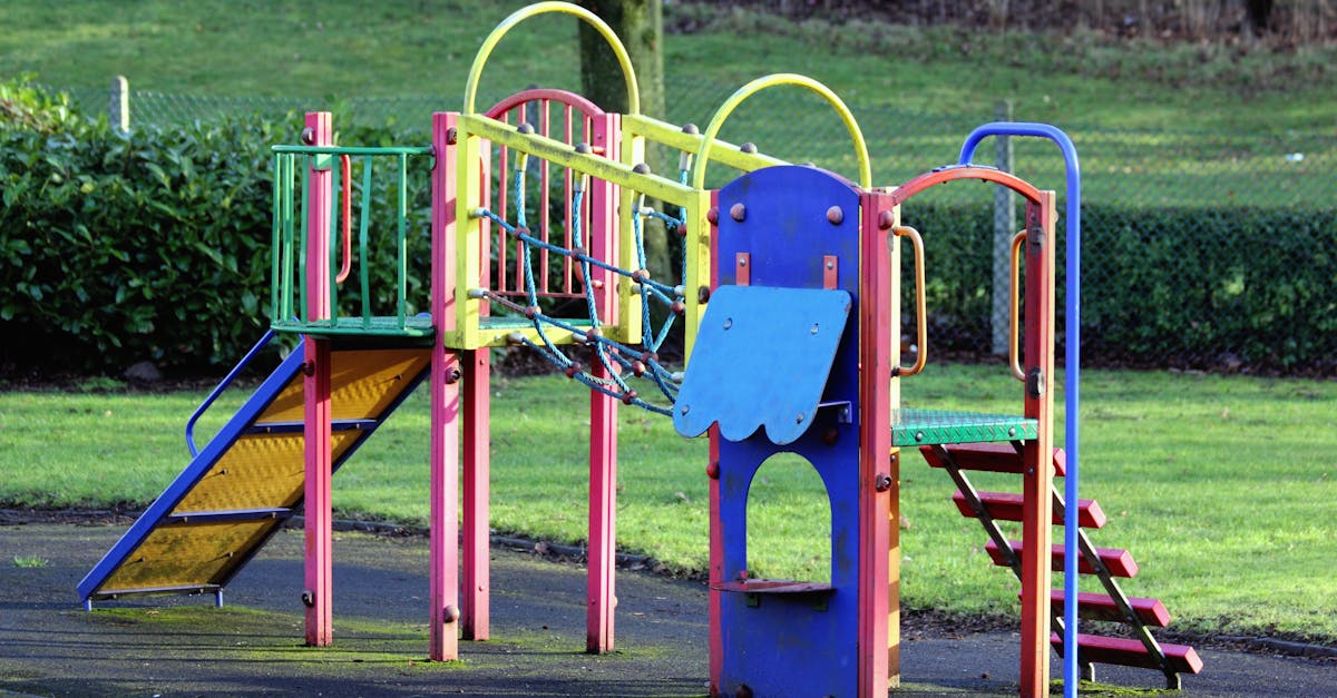 Vibrant playground equipment in an open park surrounded by grass and trees.