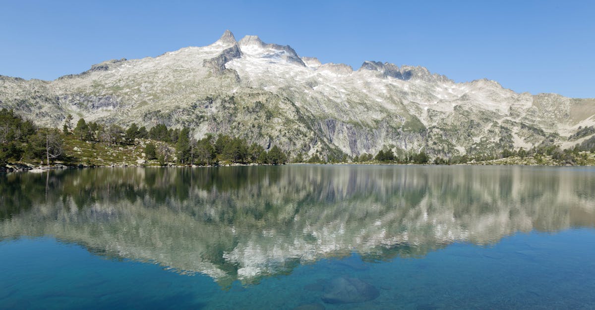 Beautiful mountain reflection on a tranquil lake in the Pyrenees, France.