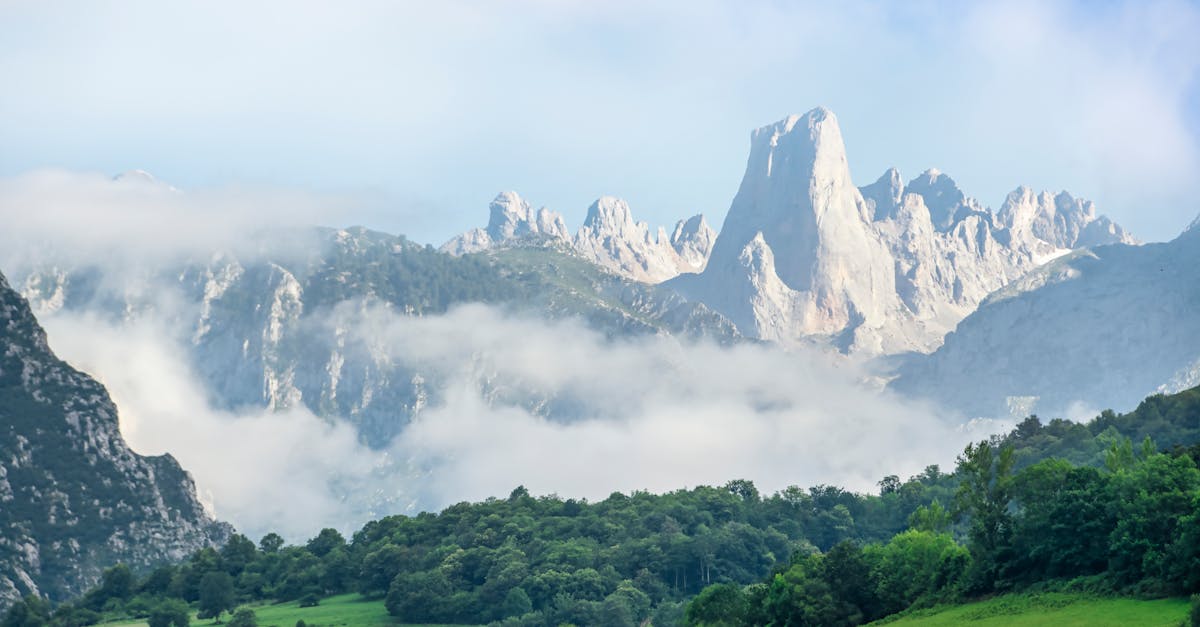 Beautiful mountain landscape with a foggy foreground and lush greenery.