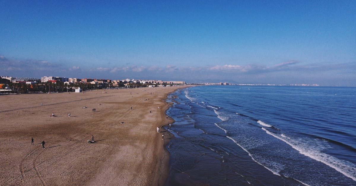 Stunning aerial view of Valencia's coastline, with beach and cityscape, capturing the serene seaside beauty.