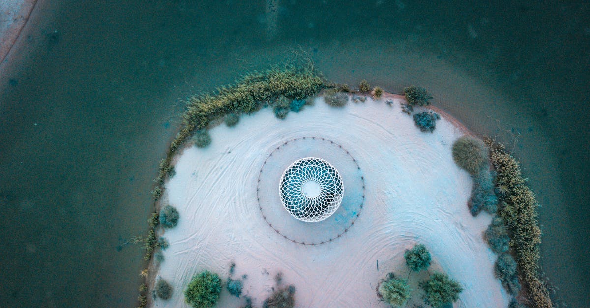 A stunning drone shot of an artificial island with a unique circular pattern in Dubai.