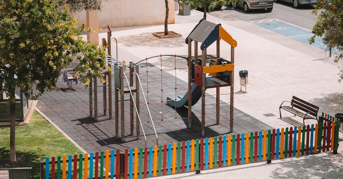 Aerial view of a colorful playground with a slide in Valencia, Spain.