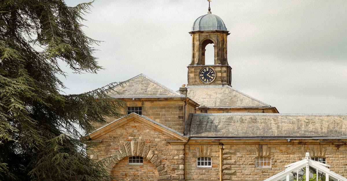Stone building with clock tower and trees against an overcast sky.