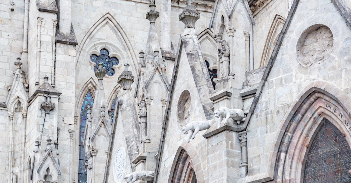 Close-up of the neo-gothic architecture details of the Basilica del Voto Nacional in Quito, Ecuador.