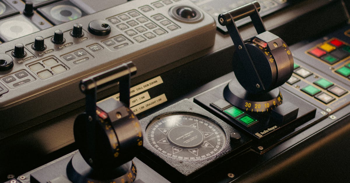 Detailed view of a sophisticated control panel featuring levers, buttons, and compass.