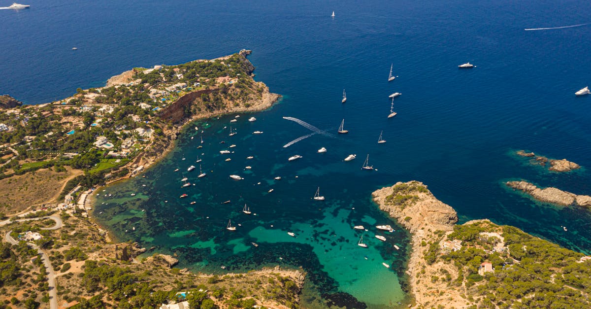 Stunning aerial view of Ibiza's coastline with turquoise waters and yachts.