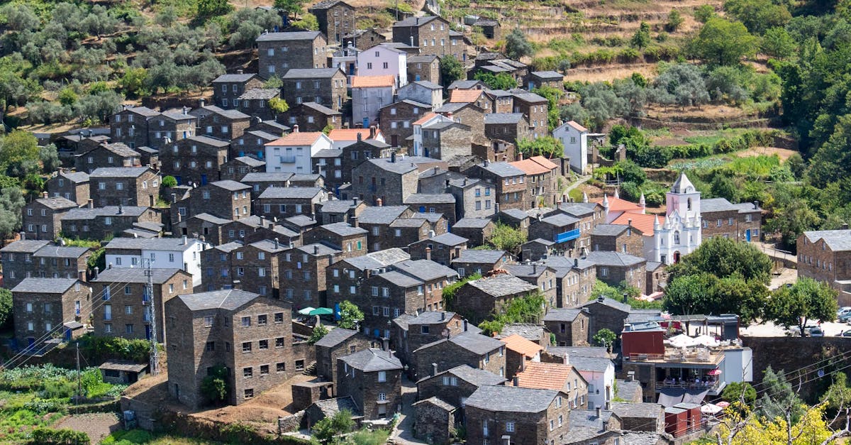 Charming aerial view of Piódão, a historic village nestled in Portugal's Coimbra District.