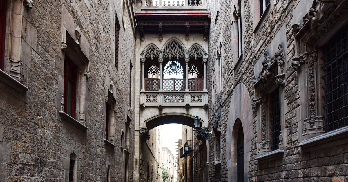 Explore Barcelona's Gothic architecture with this stunning image of a historic alley and bridge.