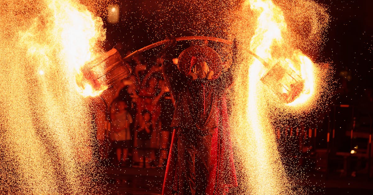 Mesmerizing night-time fire performance with dramatic light and sparks.