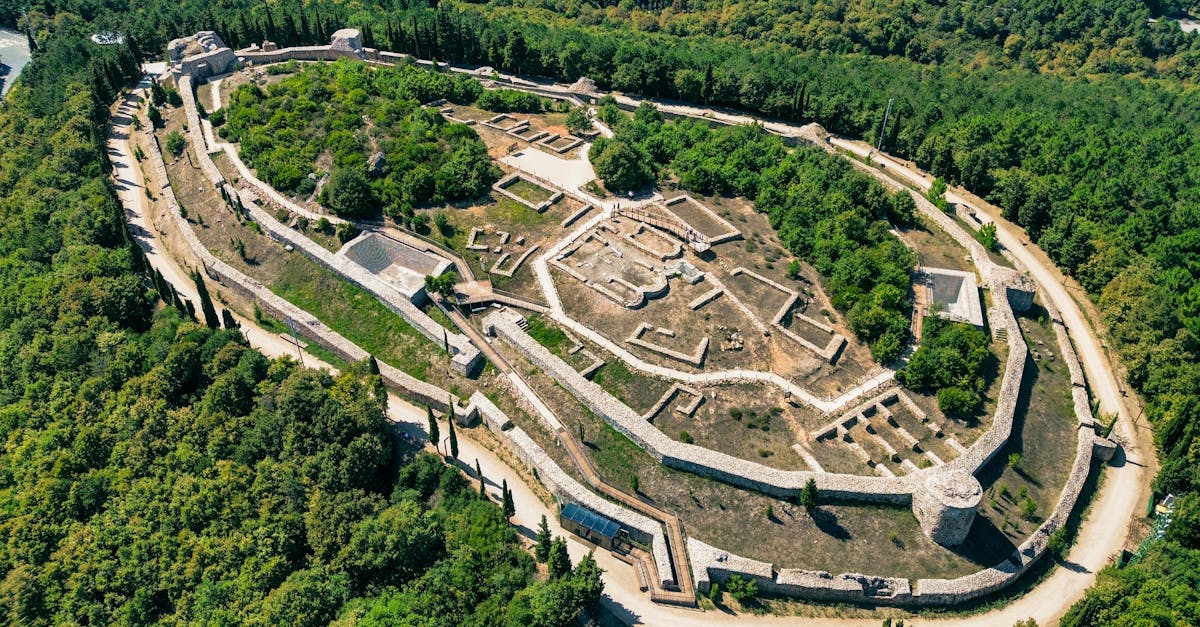 Explore the aerial view of ancient fort ruins surrounded by lush forest near Istanbul, Turkey.