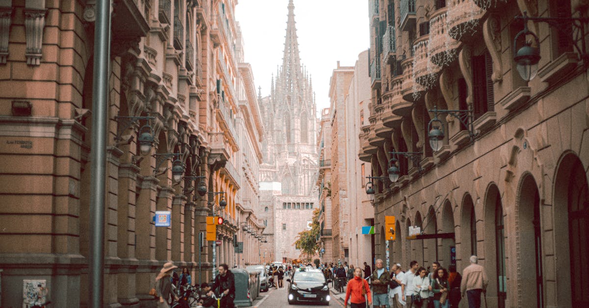 Street view in Barcelona's Gothic Quarter with cathedral.