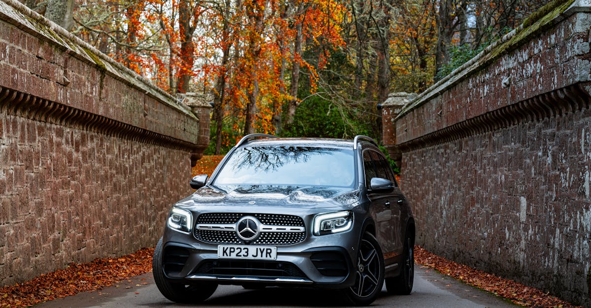 High-end SUV on a scenic forest road during autumn, surrounded by vibrant foliage.