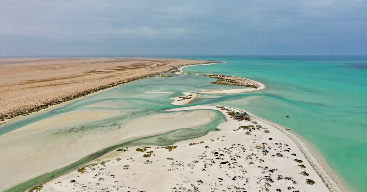 Stunning aerial view of a remote coastal landscape in Oman with turquoise waters and sandy beaches.