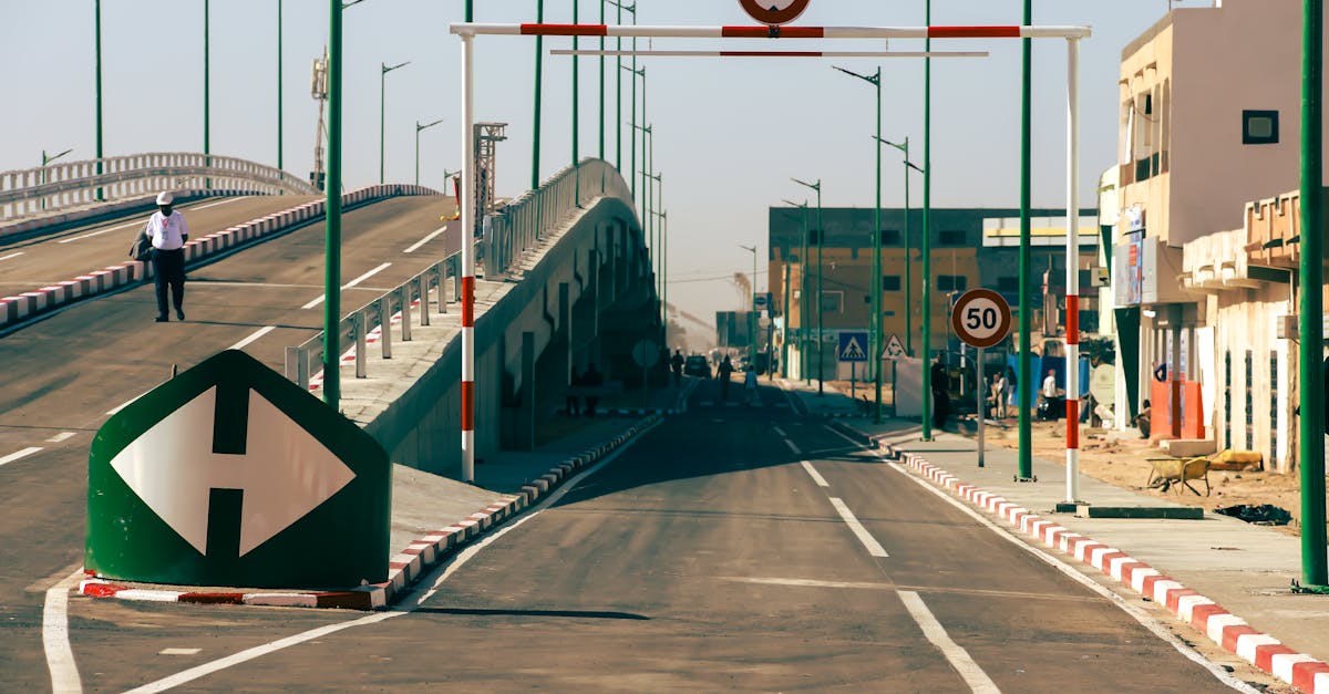 A cityscape featuring a modern bridge, clear road markings, and traffic signs, indicative of urban infrastructure.