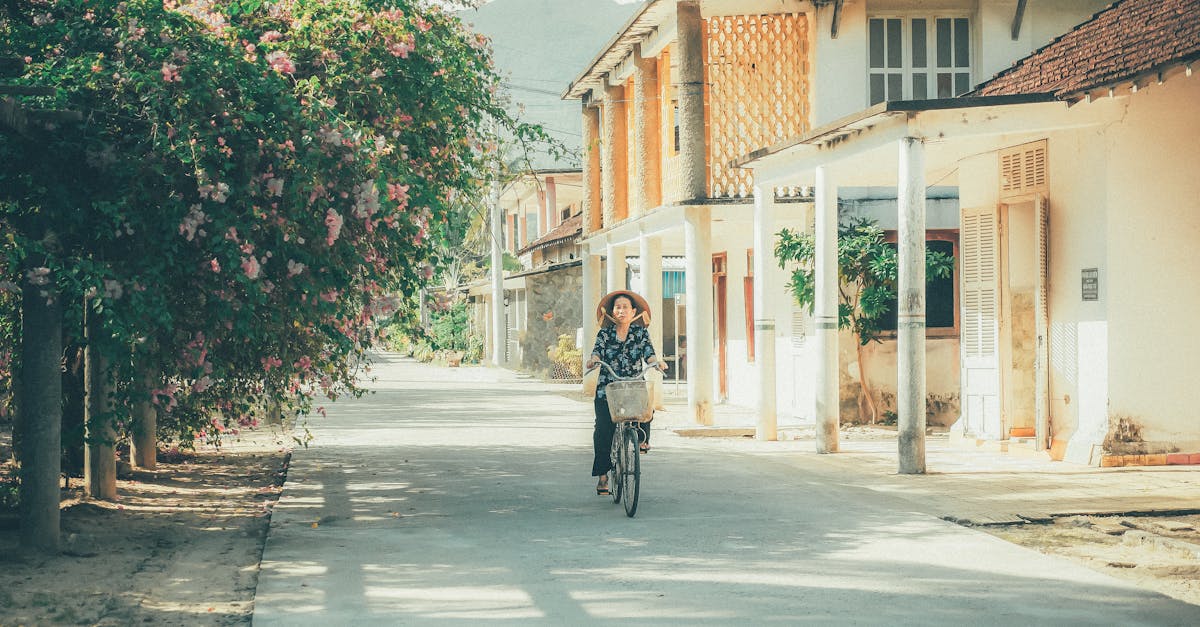 Charming village street in Quy Nhơn, Vietnam, featuring a woman cycling amid traditional houses.