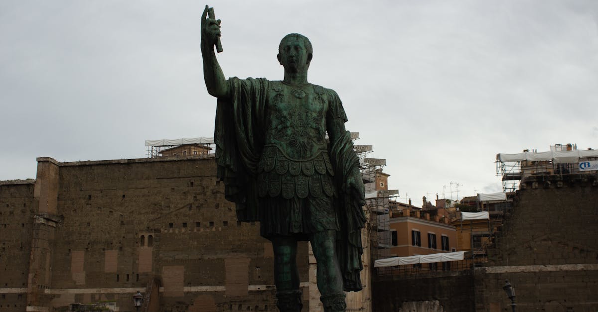 Dramatic statue of a Roman emperor situated in ancient Rome, Italy.