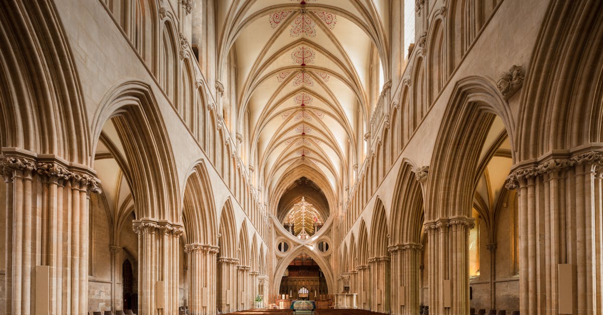 A stunning view of the Gothic architecture inside Wells Cathedral, Somerset.