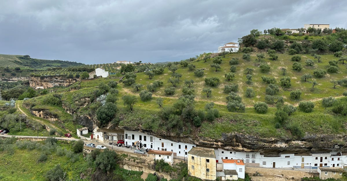 View of unique cliffside houses in green Setenil de las Bodegas, Spain.