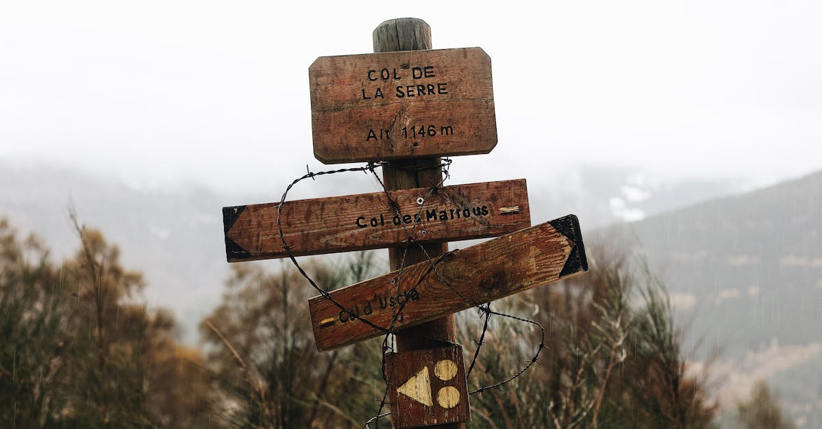 Misty rural scene with a rustic wooden signpost in the countryside during fall.