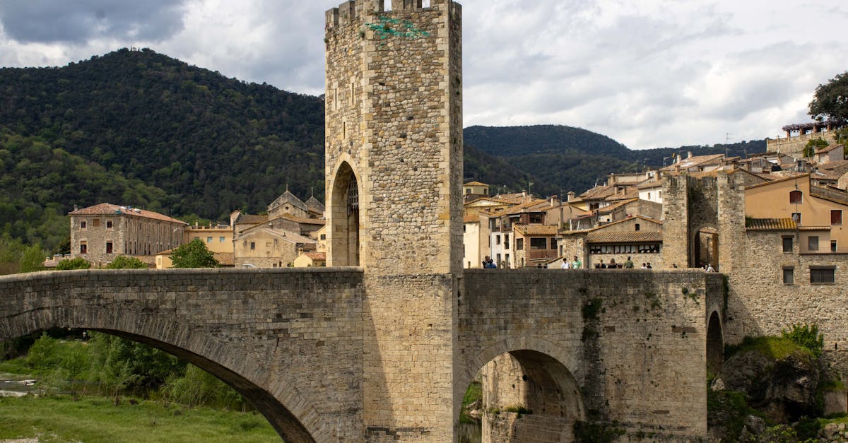 Scenic view of the medieval stone bridge and town of Besalú in Cataluña, Spain.