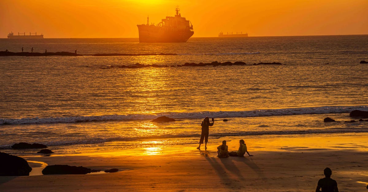 Golden sunset on a beach with cargo ships and people enjoying the view.