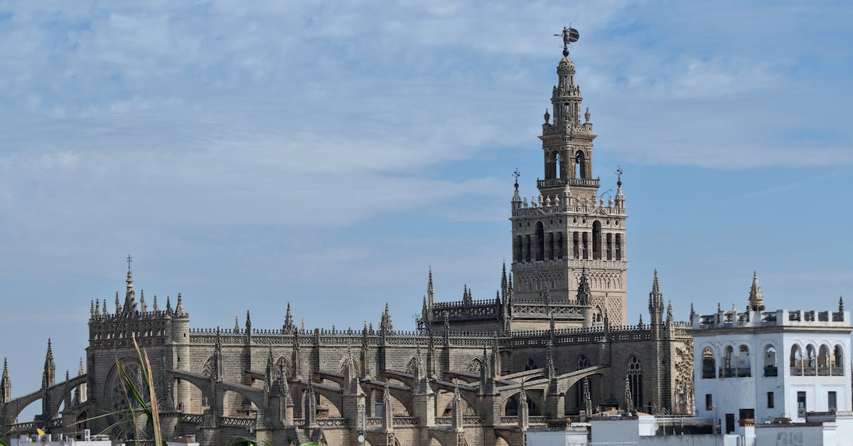 View of the iconic Giralda Tower and Seville Cathedral in sunny Andalucía, Spain.