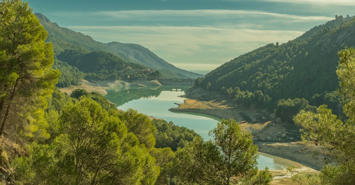 Beautiful view of the Guadalest Reservoir surrounded by lush greenery and mountains.