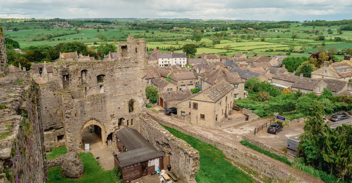 A scenic view of Middleham Castle ruins and surrounding countryside in Middleham, England.