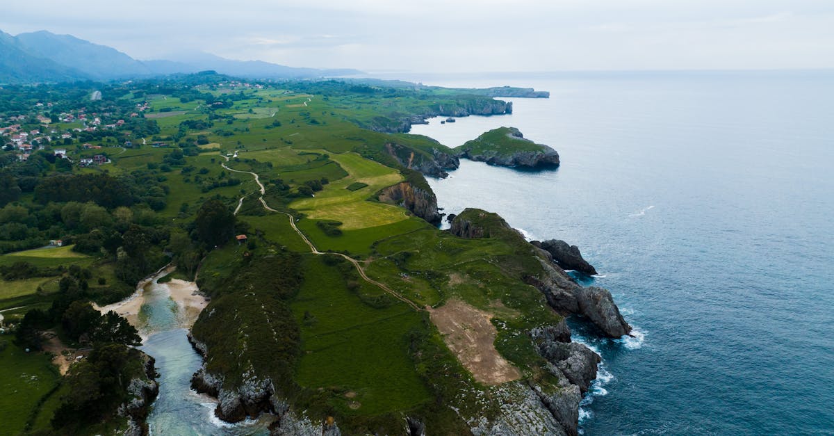 Aerial view of lush coastal cliffs and the sea in Northern Spain.