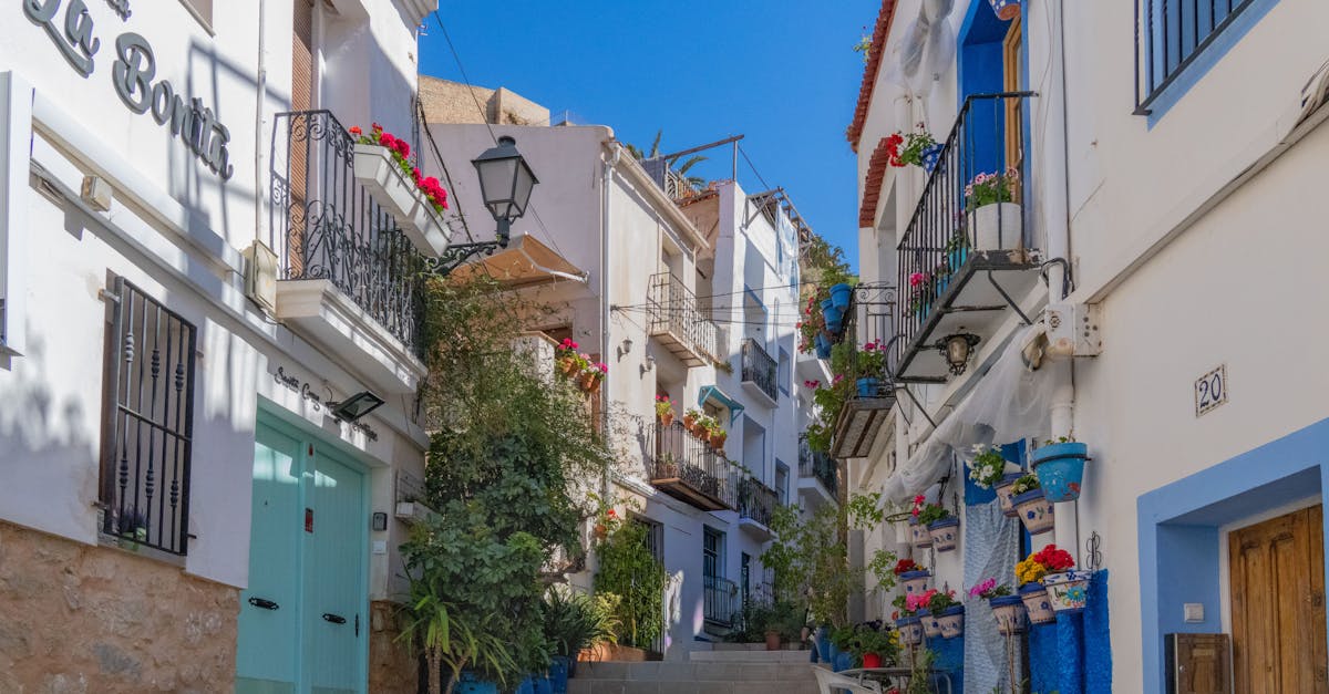 Colorful alleyway in Alicante, Spain, showcasing Mediterranean architecture and vibrant floral decor.