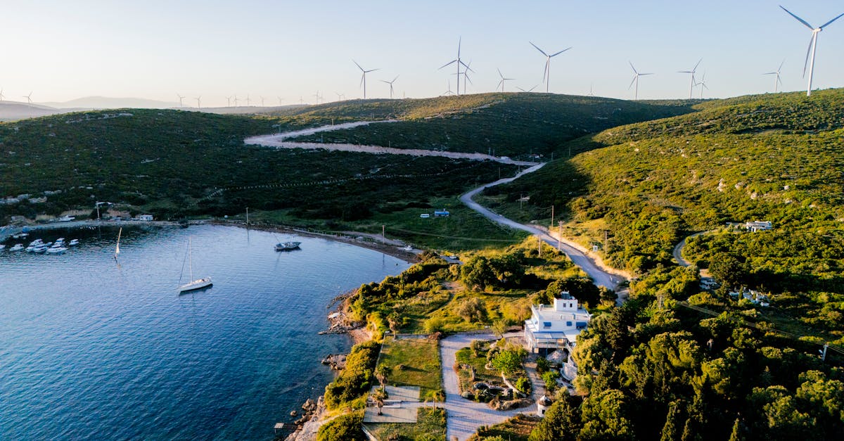 Aerial view of Sığacık, İzmir, featuring the coast, lush greenery, and wind turbines under a clear sky.