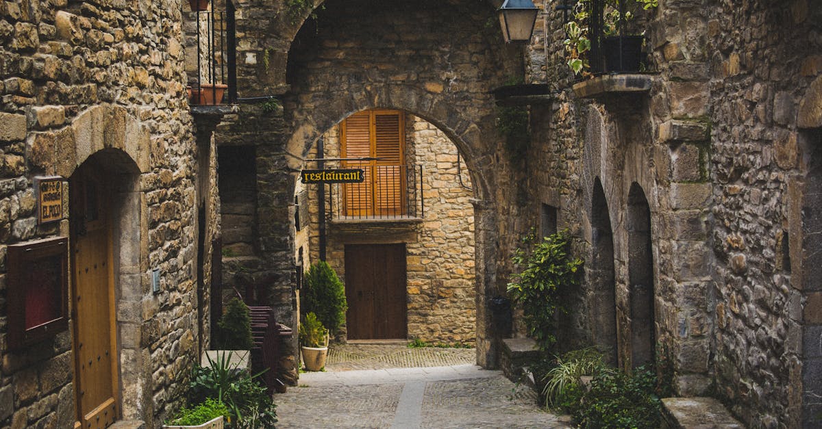 Explore the rustic charm of a stone alleyway in Lérida, Spain, featuring arches and lush greenery.