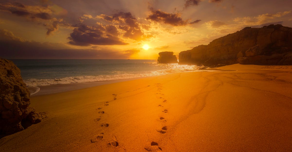 Experience tranquility with this breathtaking beach sunset, featuring golden skies and sandy shores.