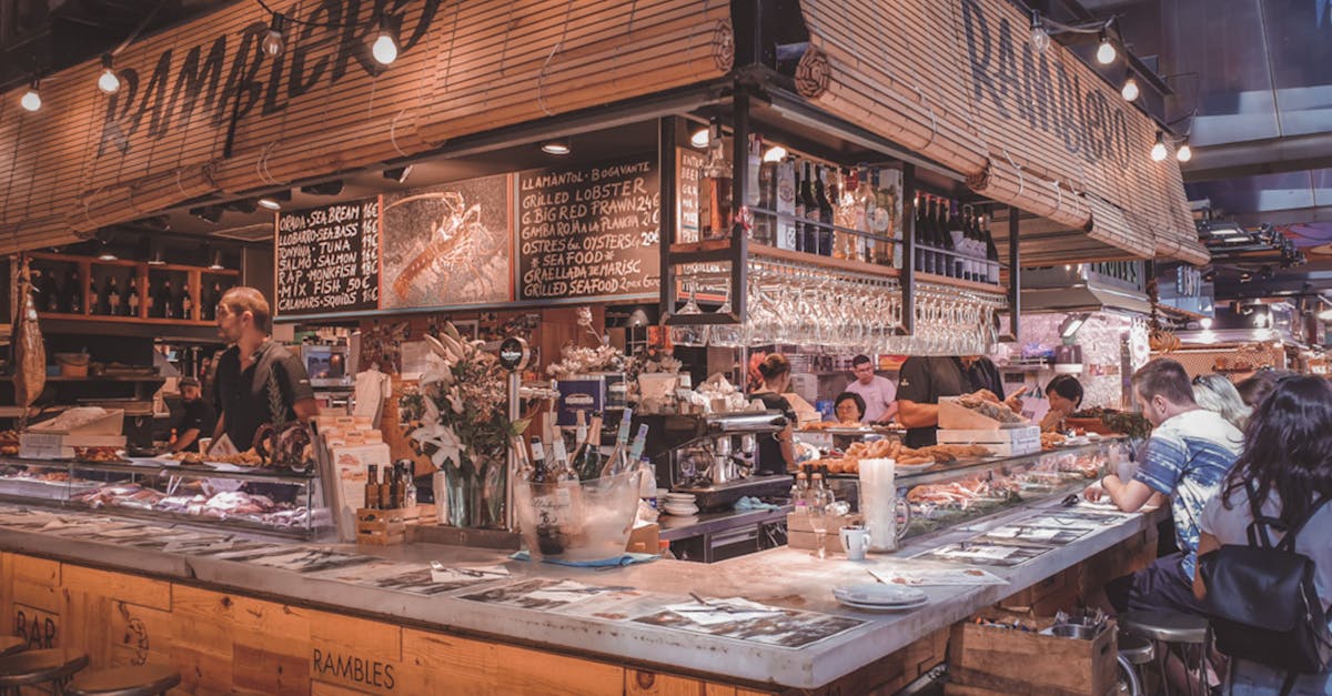 Lively market food stall in Barcelona, capturing the vibrant culinary atmosphere.