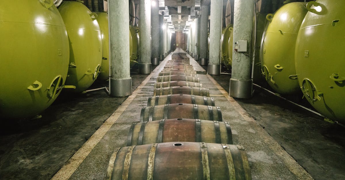 A modern wine cellar featuring rows of wooden barrels and large green storage tanks.