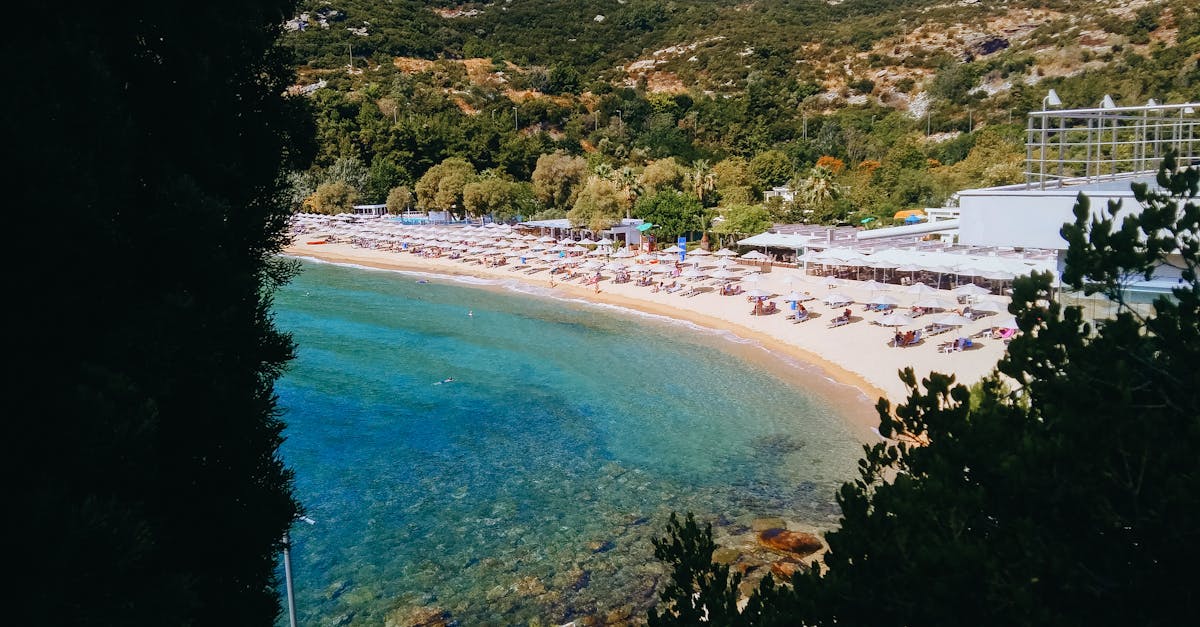 A vibrant seaside resort featuring a sandy beach with umbrellas and lush greenery.