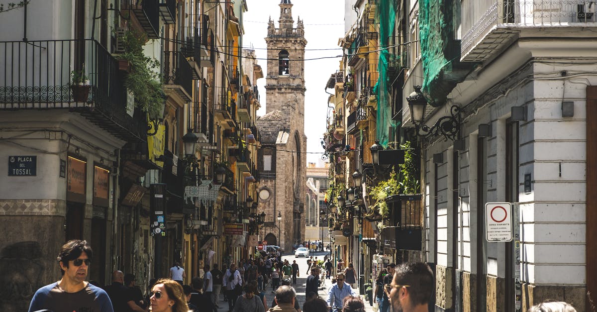 Vibrant street life in Valencia's old town with historic architecture and a lively crowd.