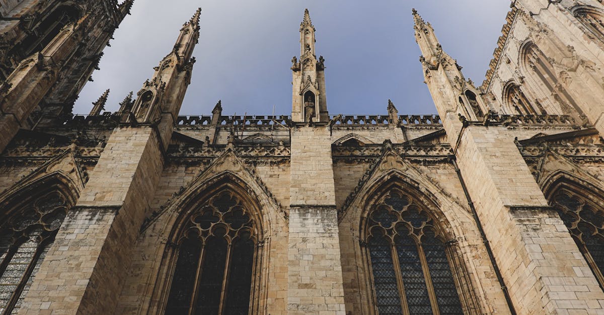 Low angle view of a Gothic cathedral's detailed facade and pinnacles under a clear sky.