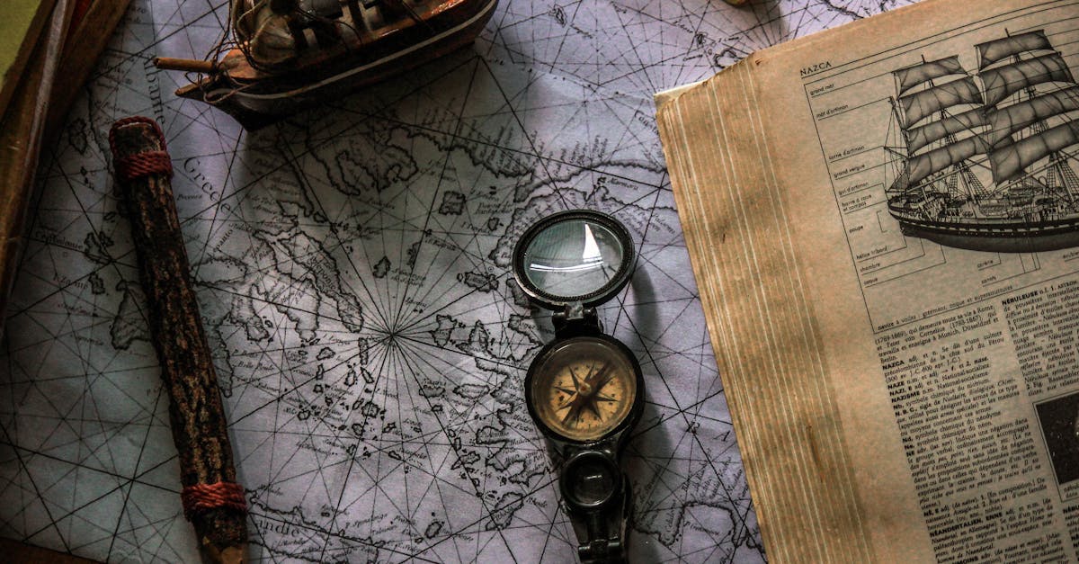 Old map and compass with book and ship model, evoking travel and exploration.