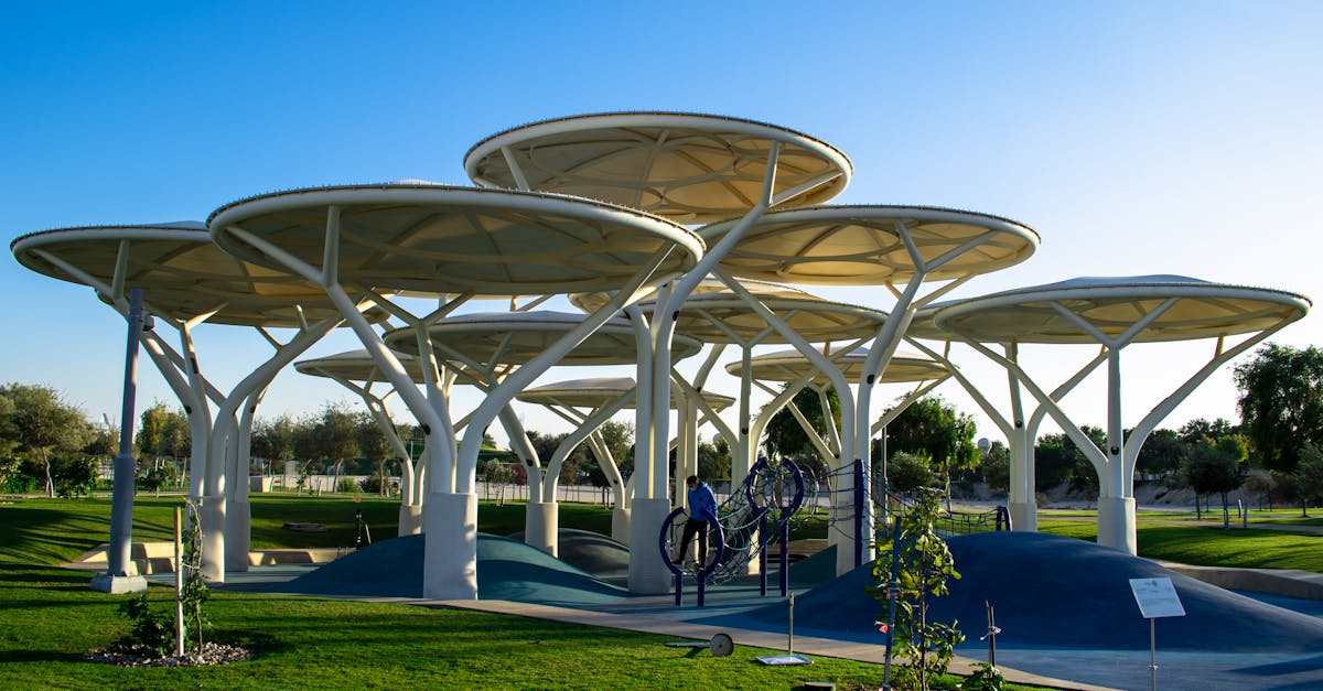 Unique modern playground structures in a sunny Qatar park.
