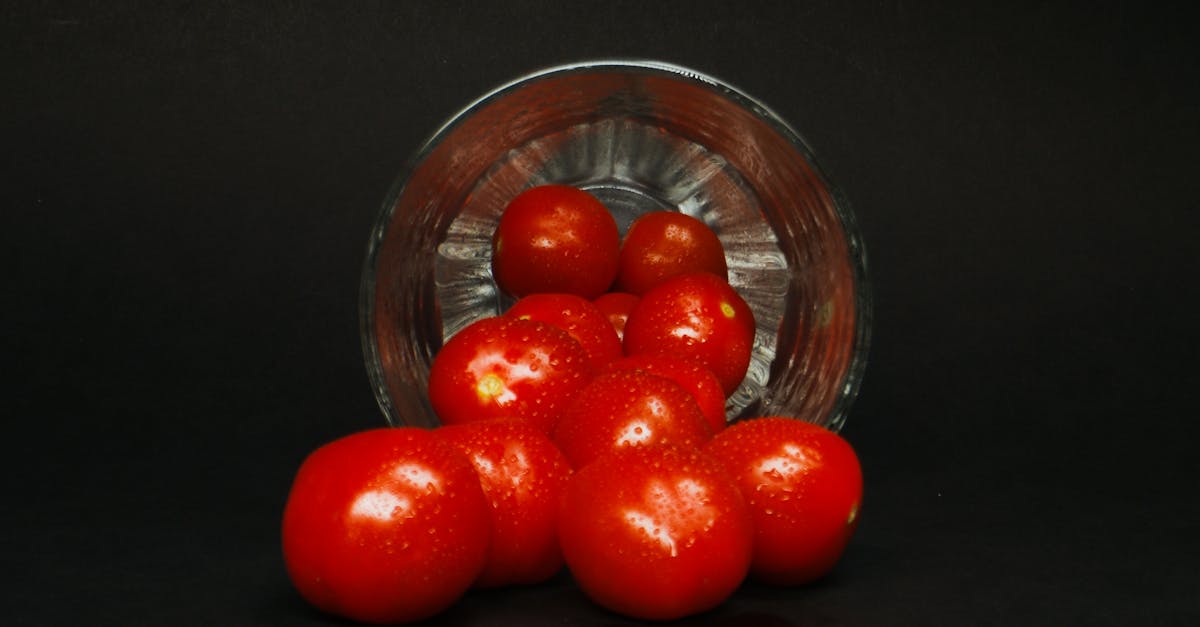 Studio shot of fresh ripe tomatoes in a glass bowl with water droplets on a dark background.