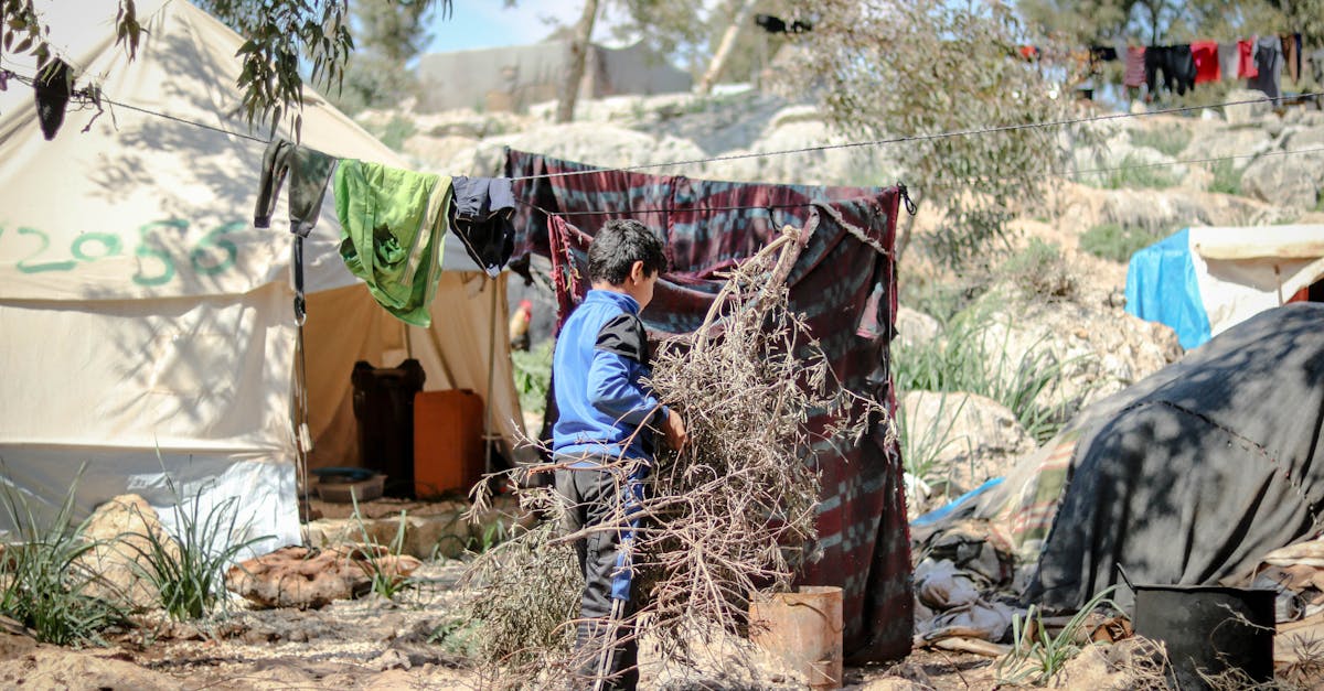 A young boy collects firewood at a refugee camp in Idlib, Syria, surrounded by tents and sparse vegetation.