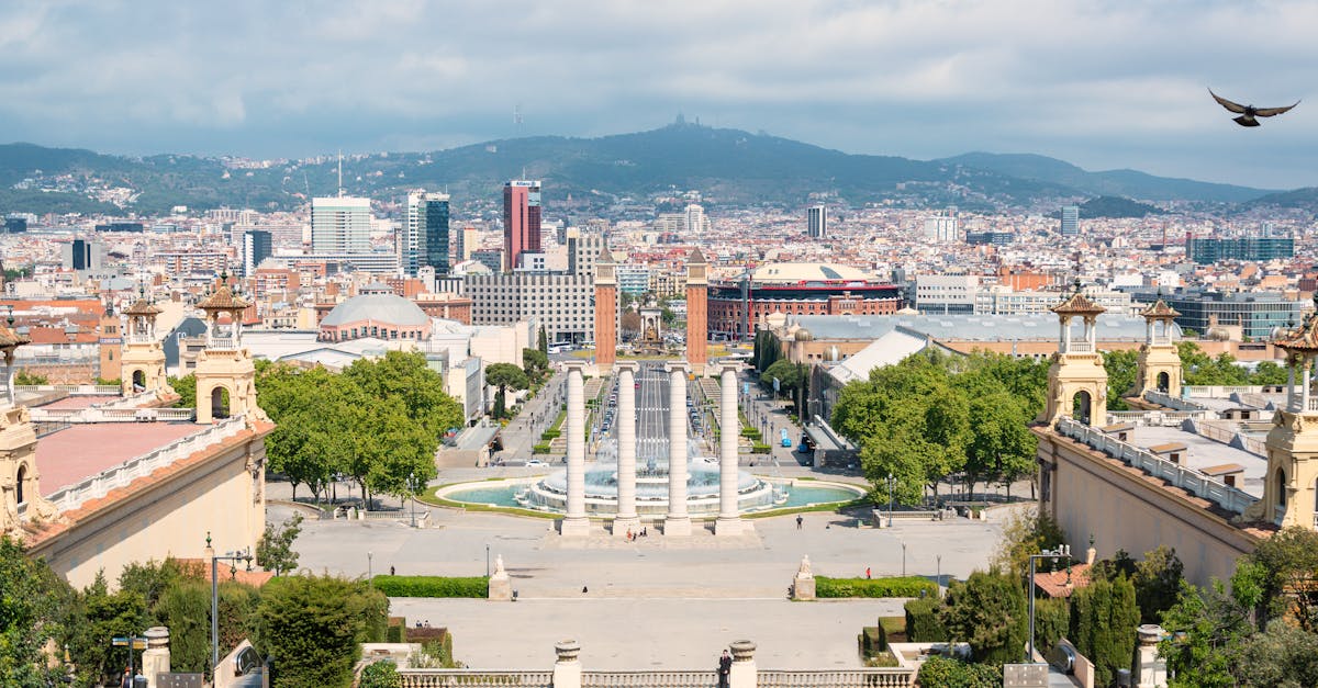 Stunning aerial view of Barcelona's skyline and architectural landmarks, featuring a vibrant cityscape under a clear sky.