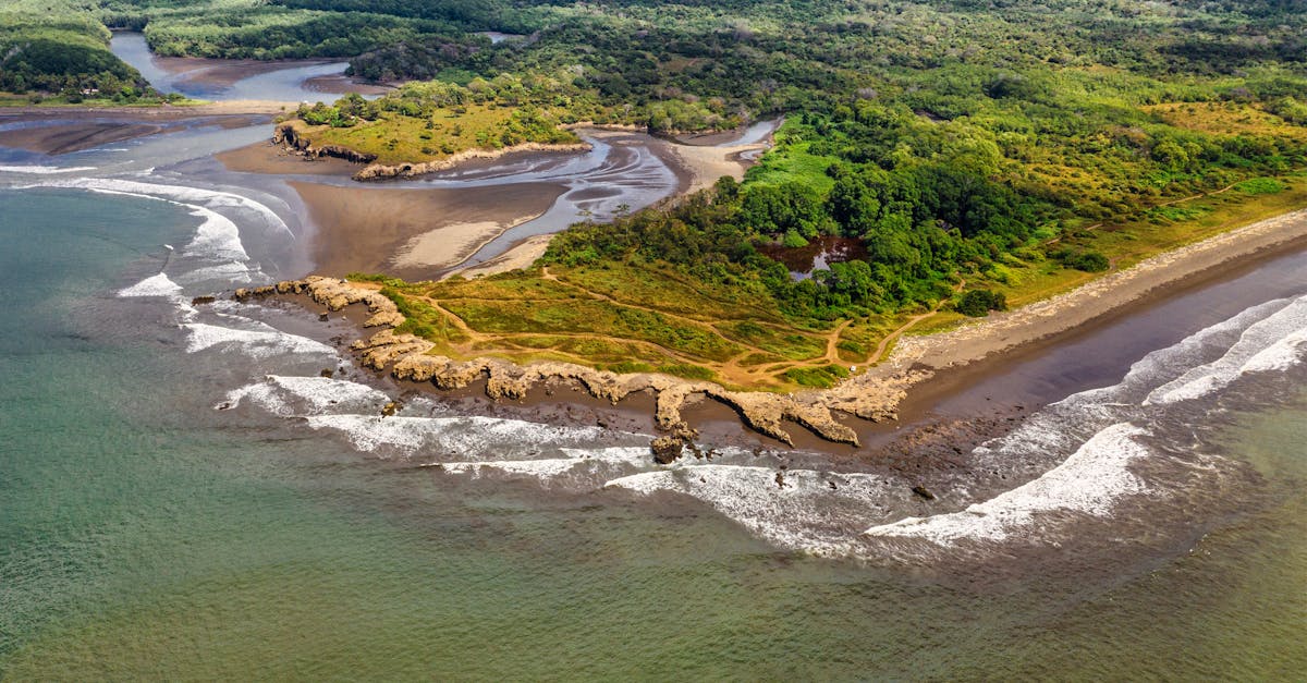 Stunning aerial shot of the lush coastline in Puntarenas, Costa Rica.