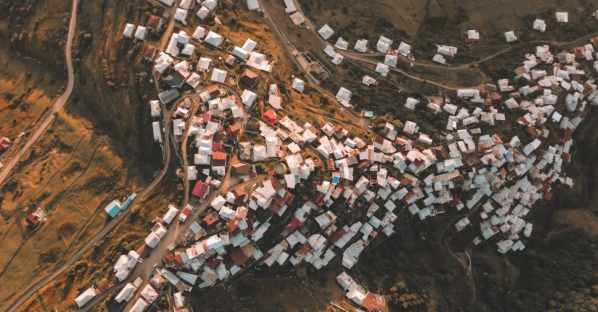 Aerial shot of a rural village with clustered houses under warm daylight, showcasing winding roads and lush surroundings.