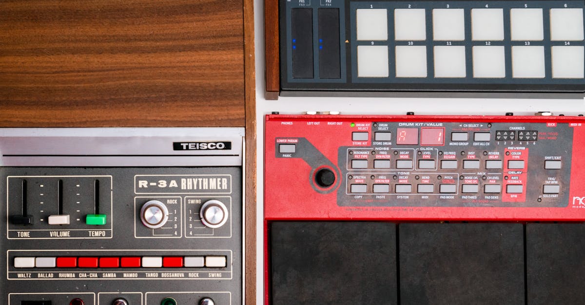 A collection of vintage audio and drum machines viewed from above, showcasing retro technology.